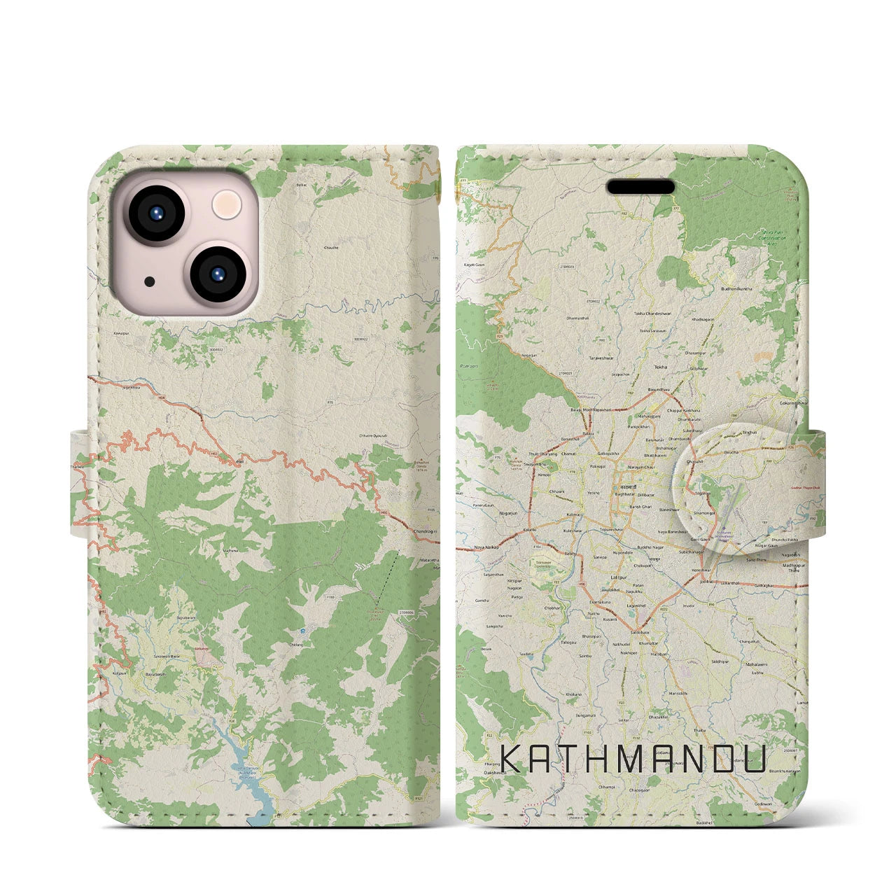 【カトマンズ】地図柄iPhoneケース（手帳両面タイプ・ナチュラル）iPhone 13 mini 用