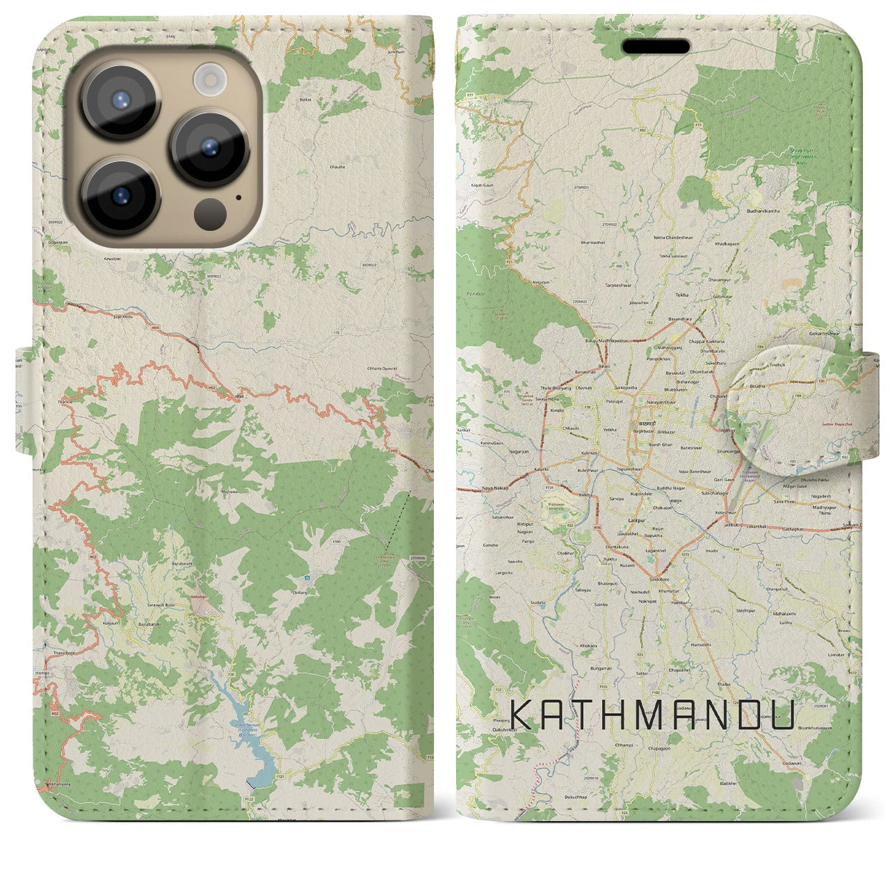 【カトマンズ】地図柄iPhoneケース（手帳両面タイプ・ナチュラル）iPhone 14 Pro Max 用