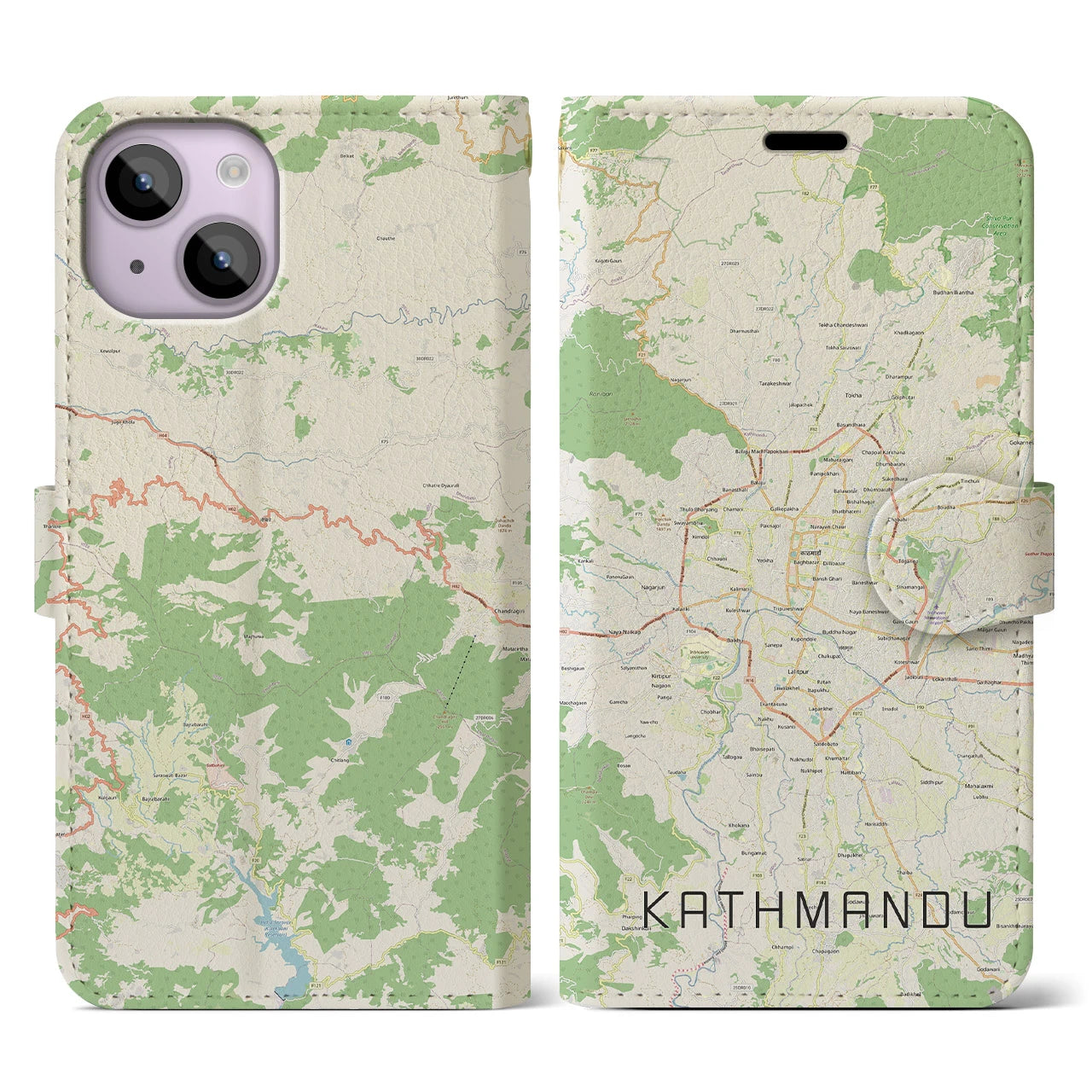 【カトマンズ】地図柄iPhoneケース（手帳両面タイプ・ナチュラル）iPhone 14 用