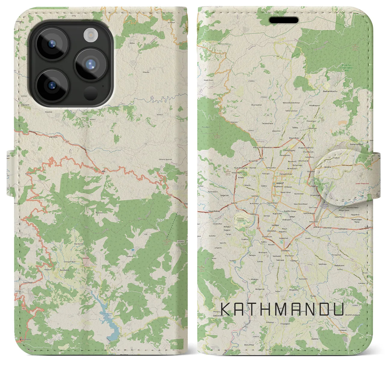 【カトマンズ】地図柄iPhoneケース（手帳両面タイプ・ナチュラル）iPhone 15 Pro Max 用
