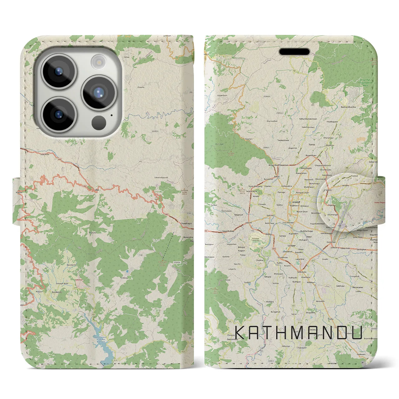 【カトマンズ】地図柄iPhoneケース（手帳両面タイプ・ナチュラル）iPhone 15 Pro 用