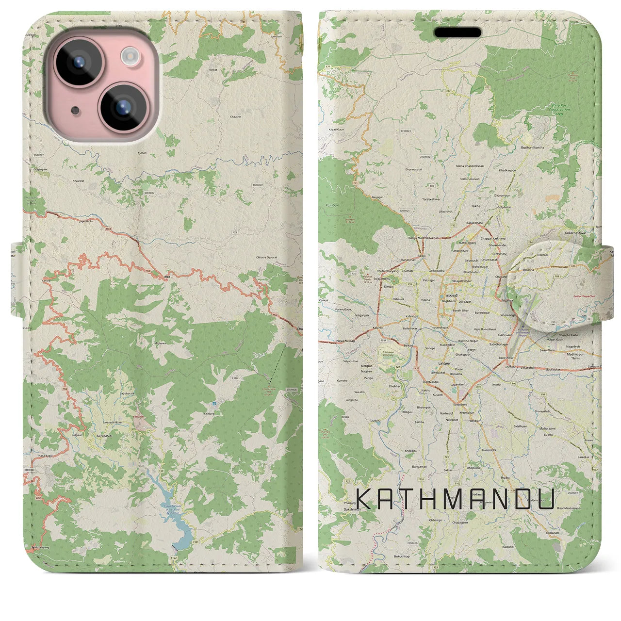 【カトマンズ】地図柄iPhoneケース（手帳両面タイプ・ナチュラル）iPhone 15 Plus 用