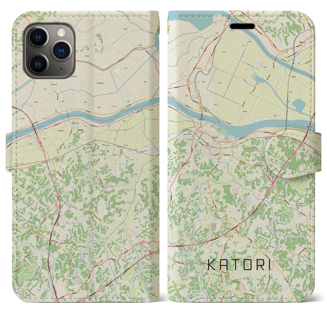 【香取】地図柄iPhoneケース（手帳両面タイプ・ナチュラル）iPhone 11 Pro Max 用