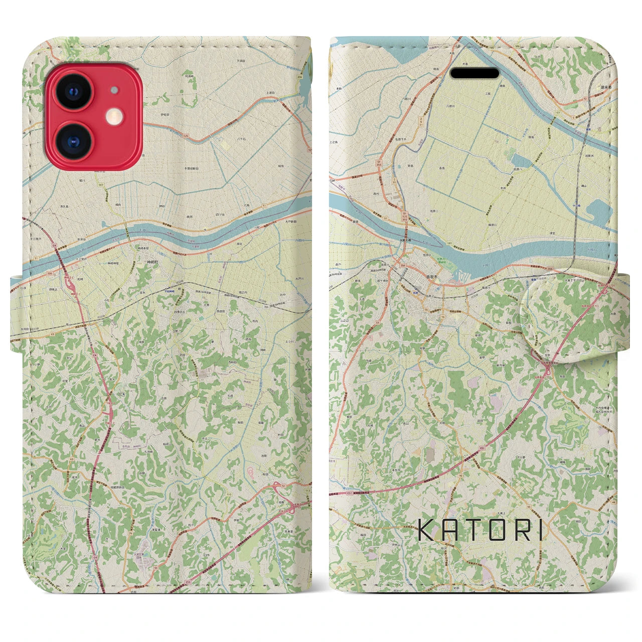 【香取】地図柄iPhoneケース（手帳両面タイプ・ナチュラル）iPhone 11 用