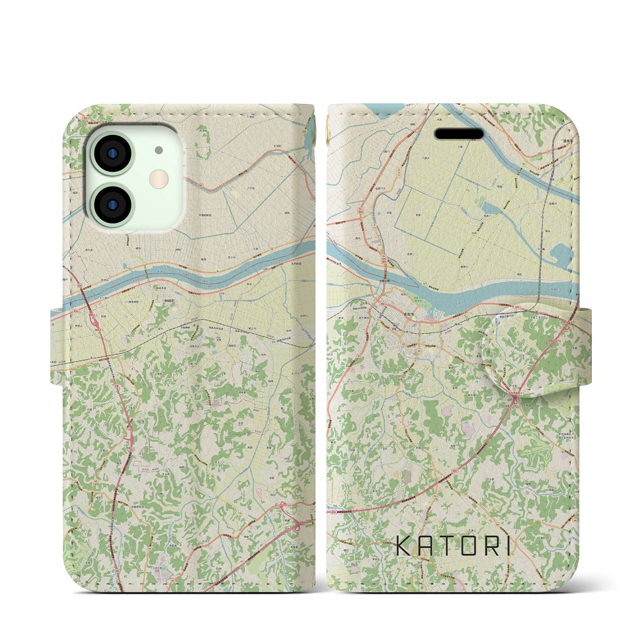 【香取】地図柄iPhoneケース（手帳両面タイプ・ナチュラル）iPhone 12 mini 用
