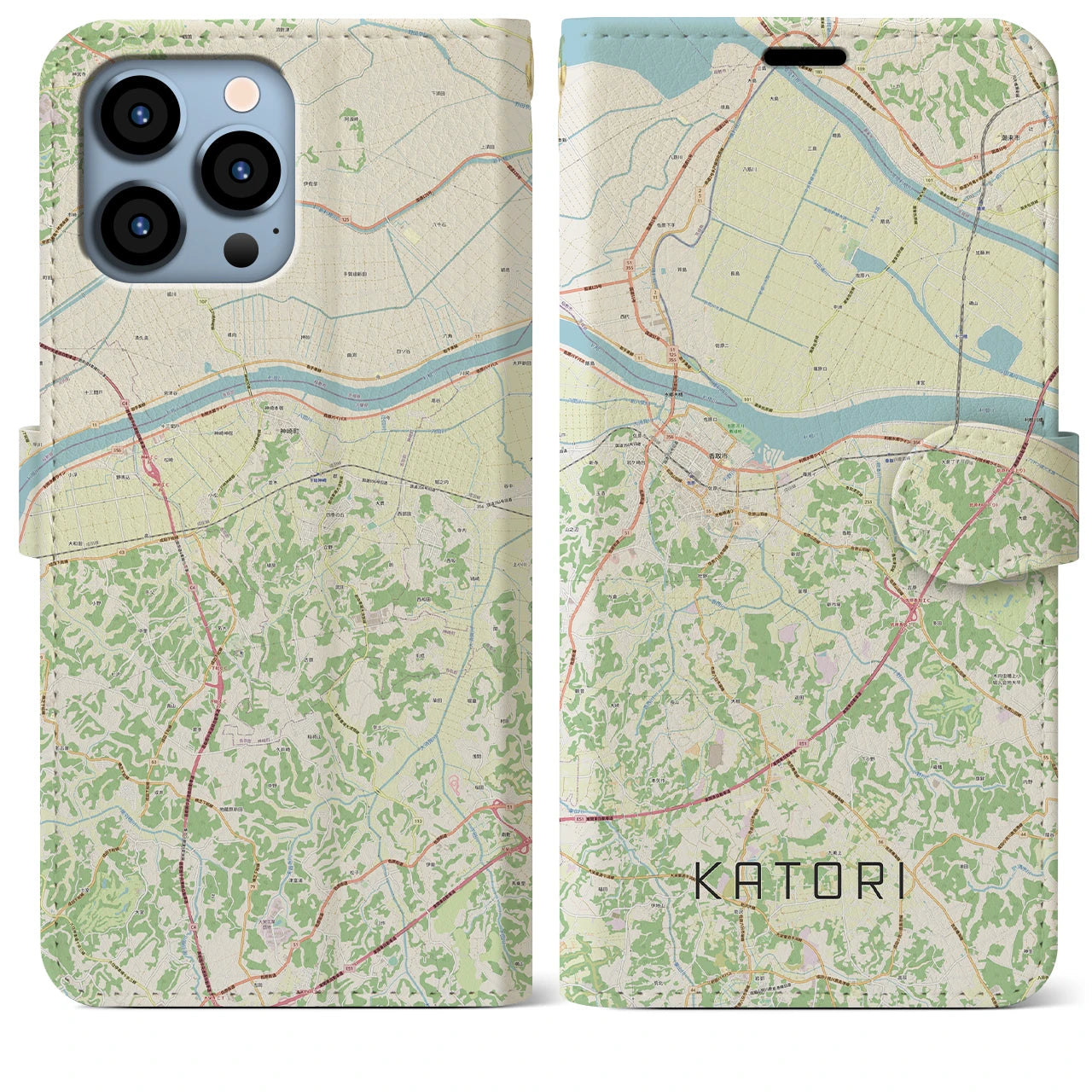 【香取】地図柄iPhoneケース（手帳両面タイプ・ナチュラル）iPhone 13 Pro Max 用