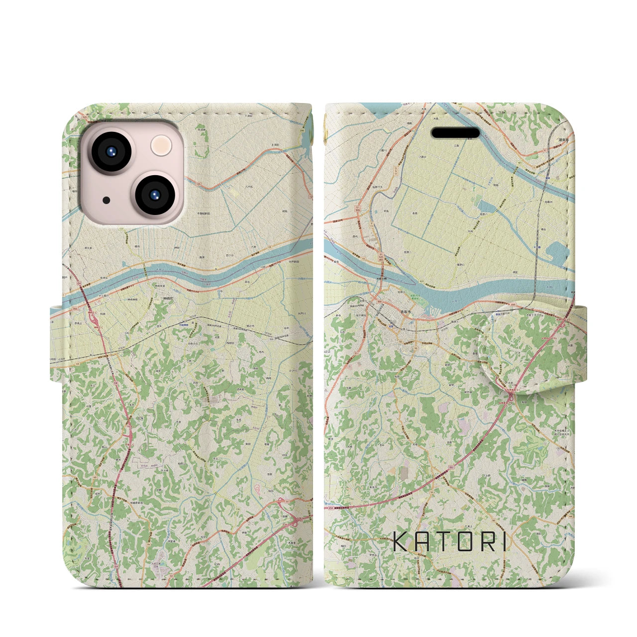 【香取】地図柄iPhoneケース（手帳両面タイプ・ナチュラル）iPhone 13 mini 用