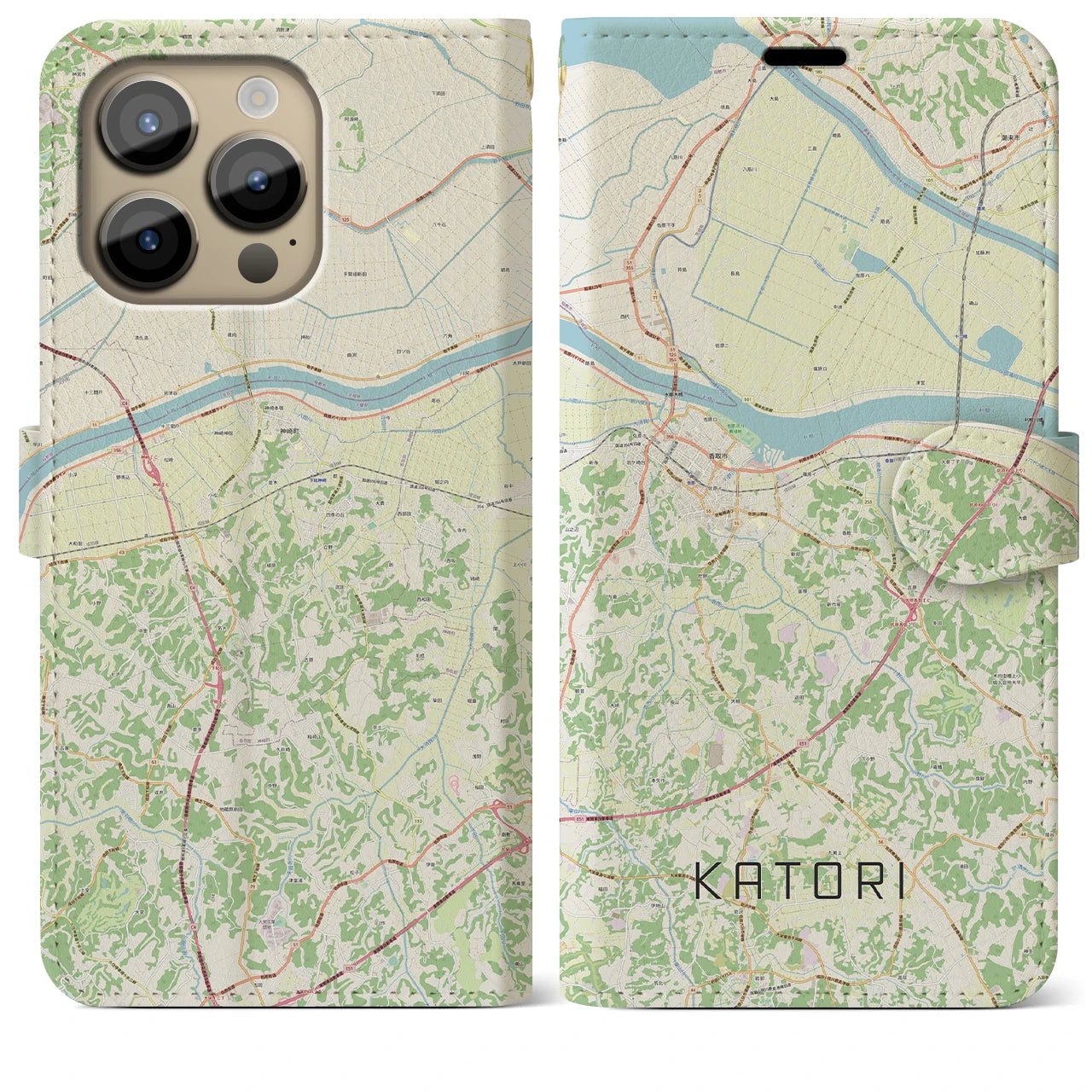 【香取】地図柄iPhoneケース（手帳両面タイプ・ナチュラル）iPhone 14 Pro Max 用