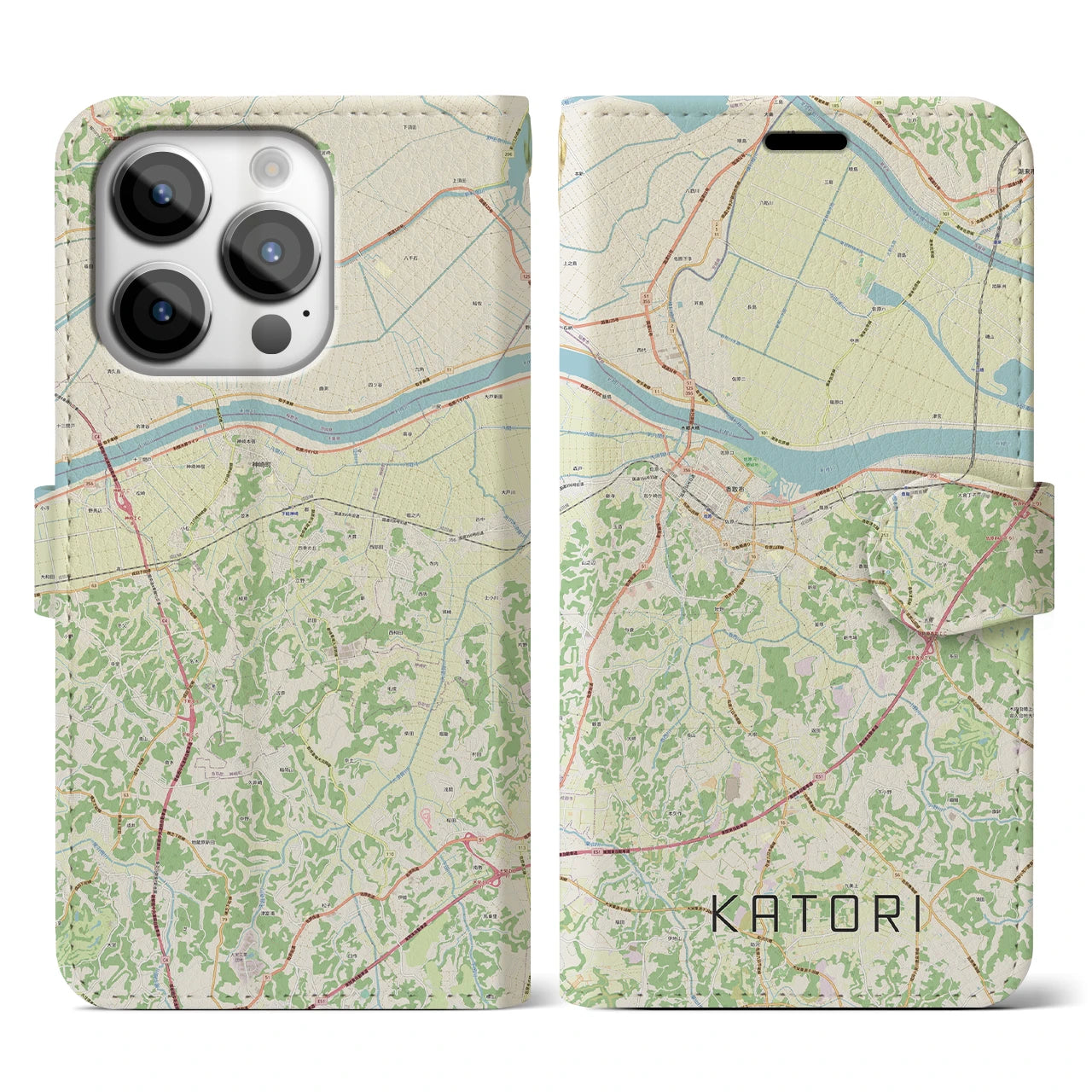 【香取】地図柄iPhoneケース（手帳両面タイプ・ナチュラル）iPhone 14 Pro 用