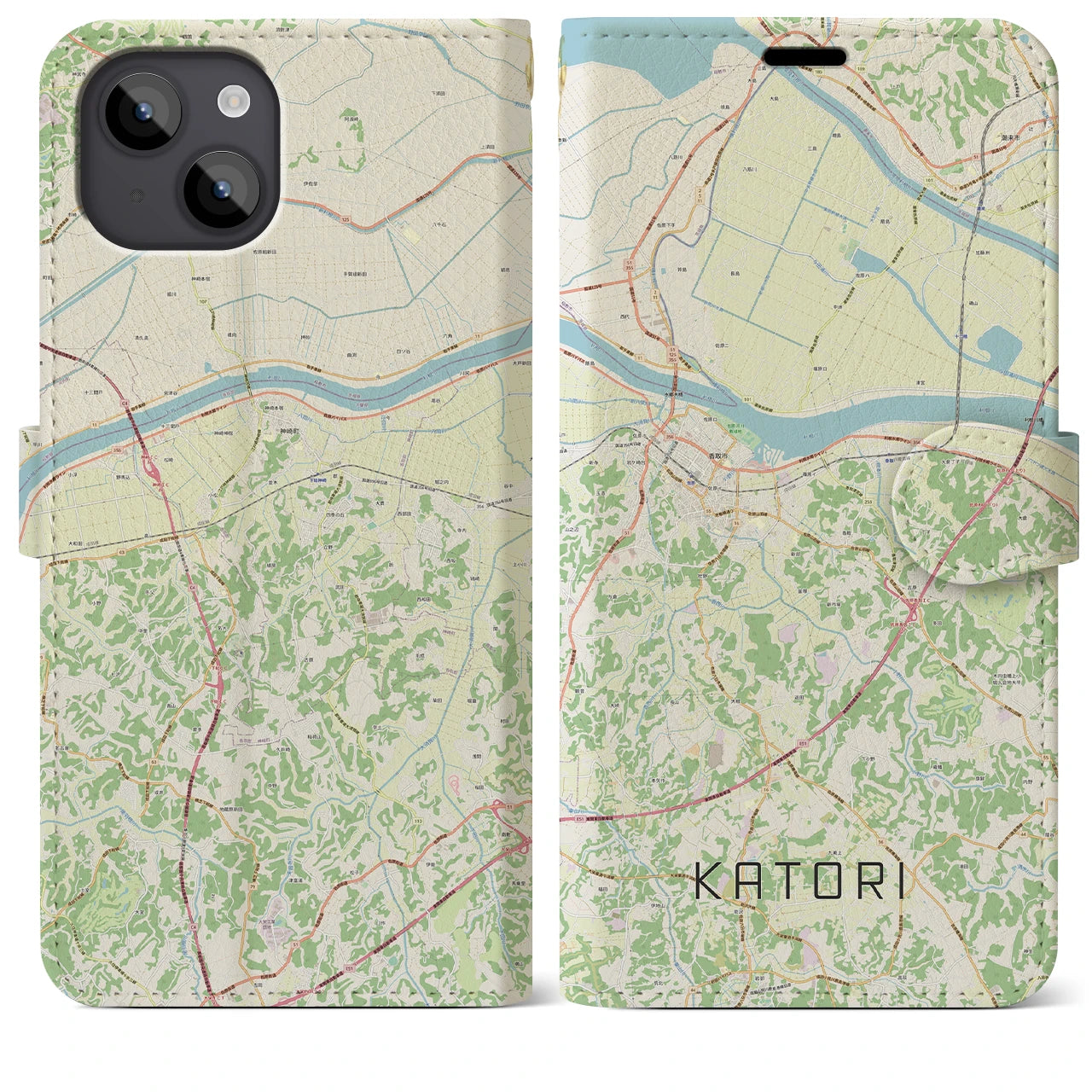 【香取】地図柄iPhoneケース（手帳両面タイプ・ナチュラル）iPhone 14 Plus 用