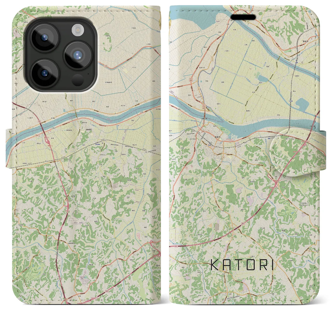 【香取】地図柄iPhoneケース（手帳両面タイプ・ナチュラル）iPhone 15 Pro Max 用
