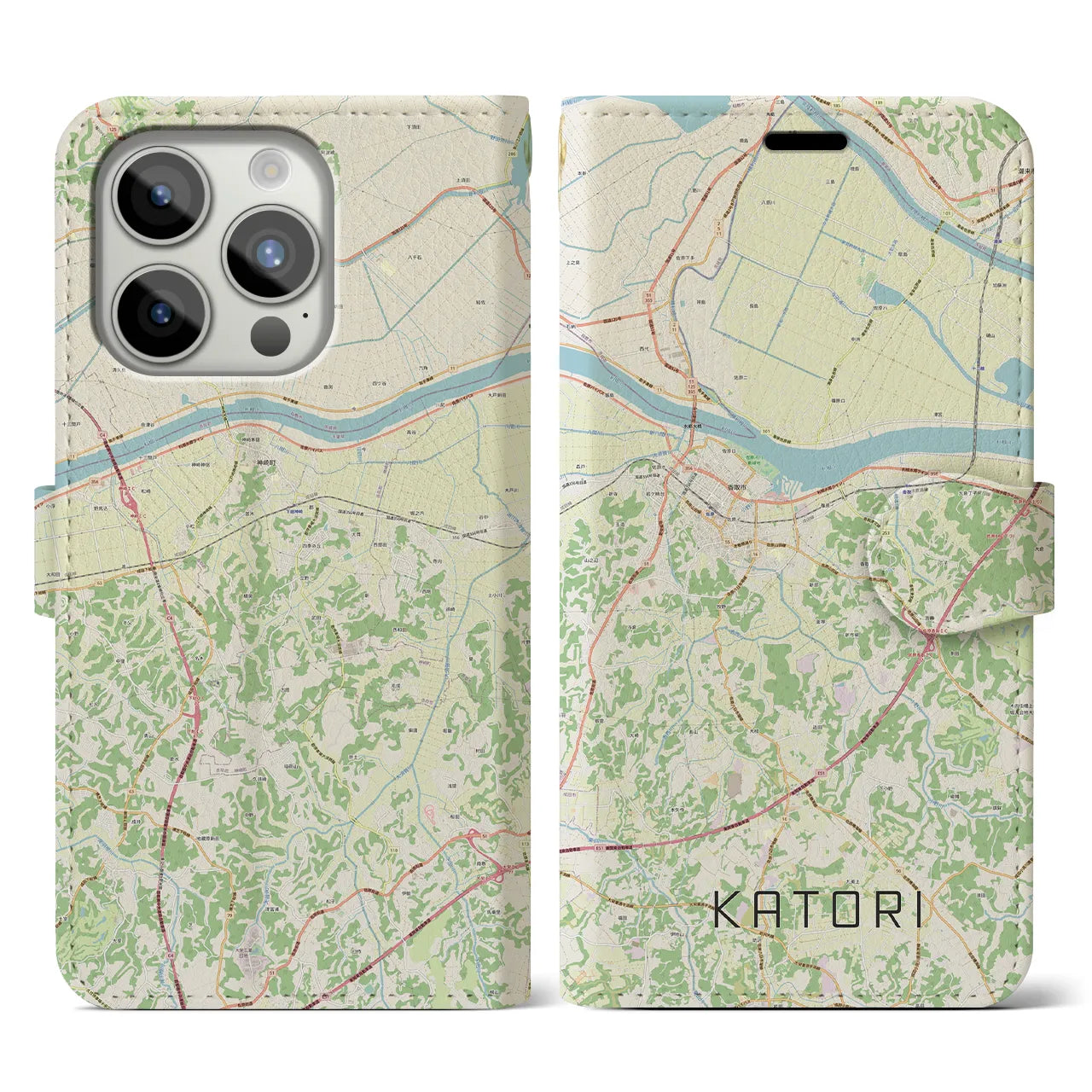 【香取】地図柄iPhoneケース（手帳両面タイプ・ナチュラル）iPhone 15 Pro 用