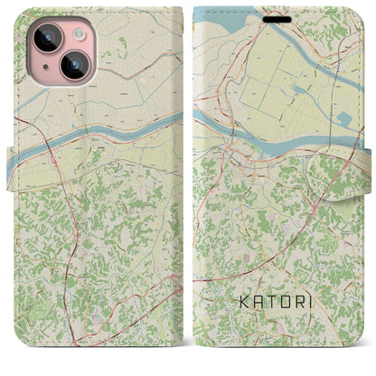 【香取（千葉県）】地図柄iPhoneケース（手帳タイプ）ナチュラル・iPhone 15 Plus 用