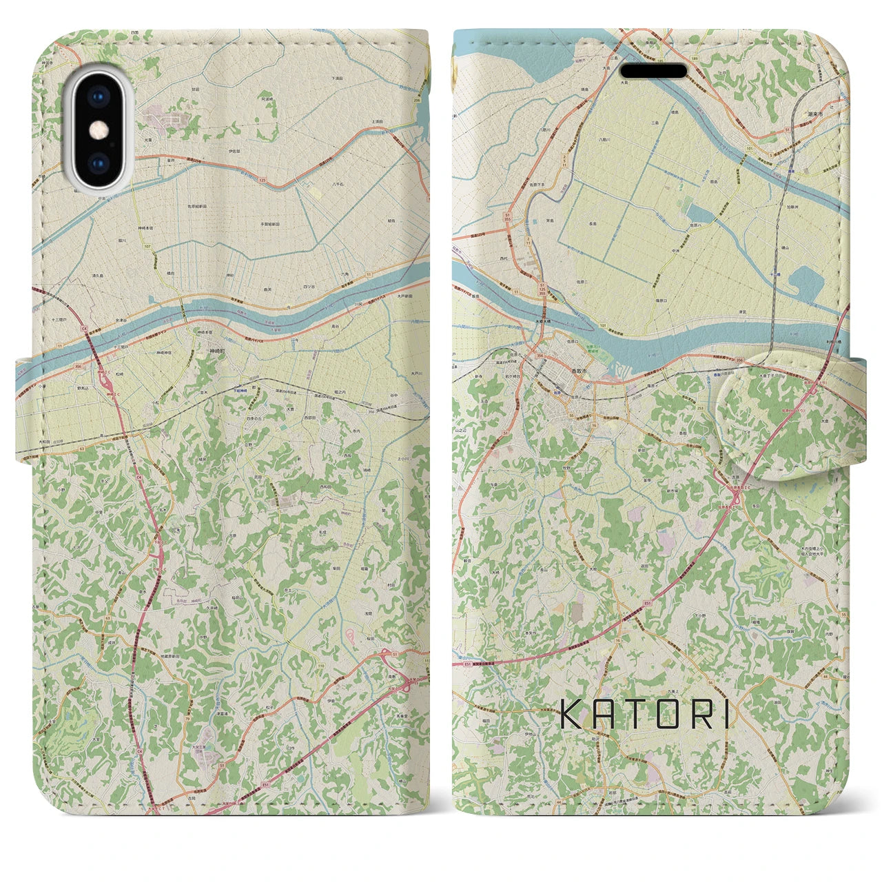 【香取】地図柄iPhoneケース（手帳両面タイプ・ナチュラル）iPhone XS Max 用