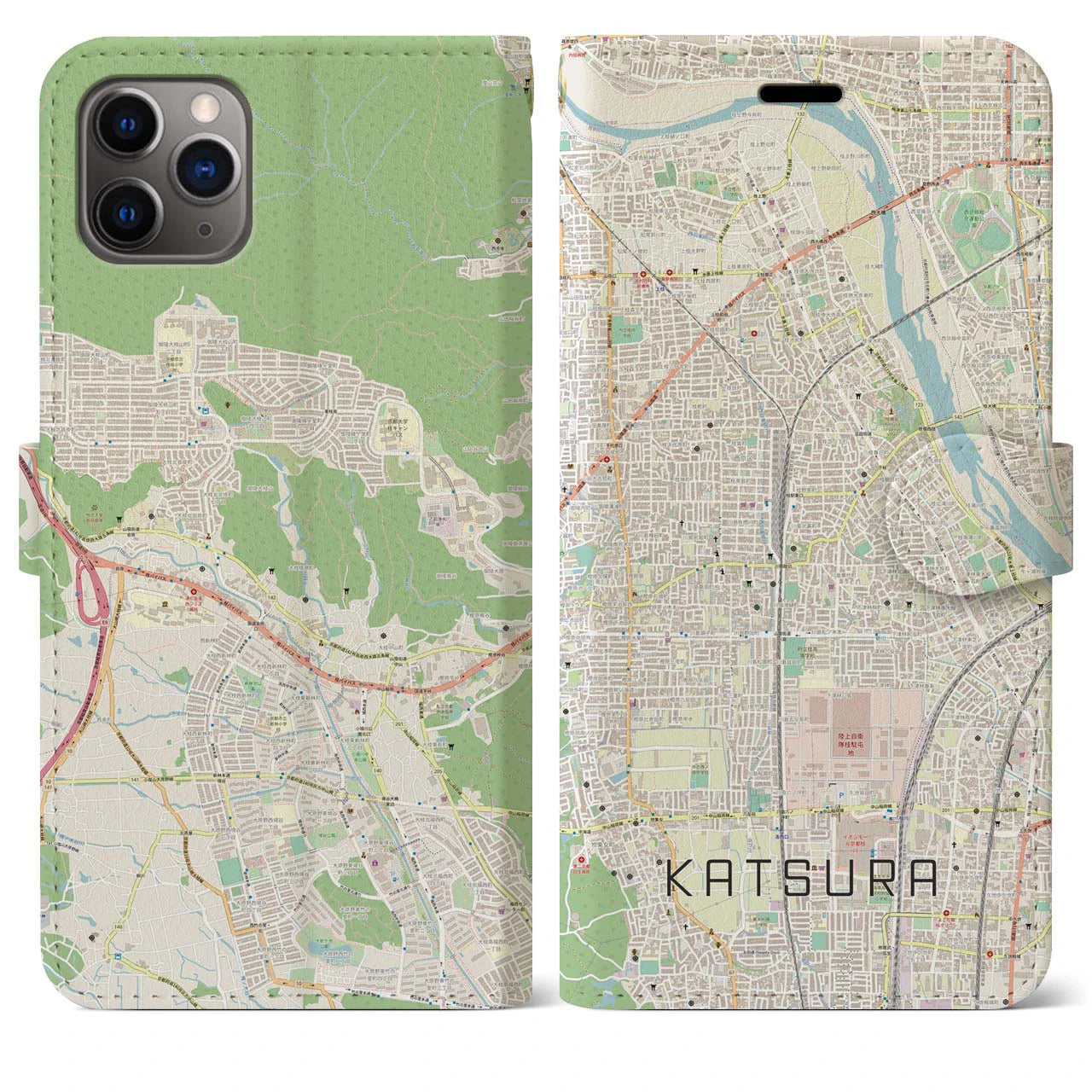 【桂】地図柄iPhoneケース（手帳両面タイプ・ナチュラル）iPhone 11 Pro Max 用