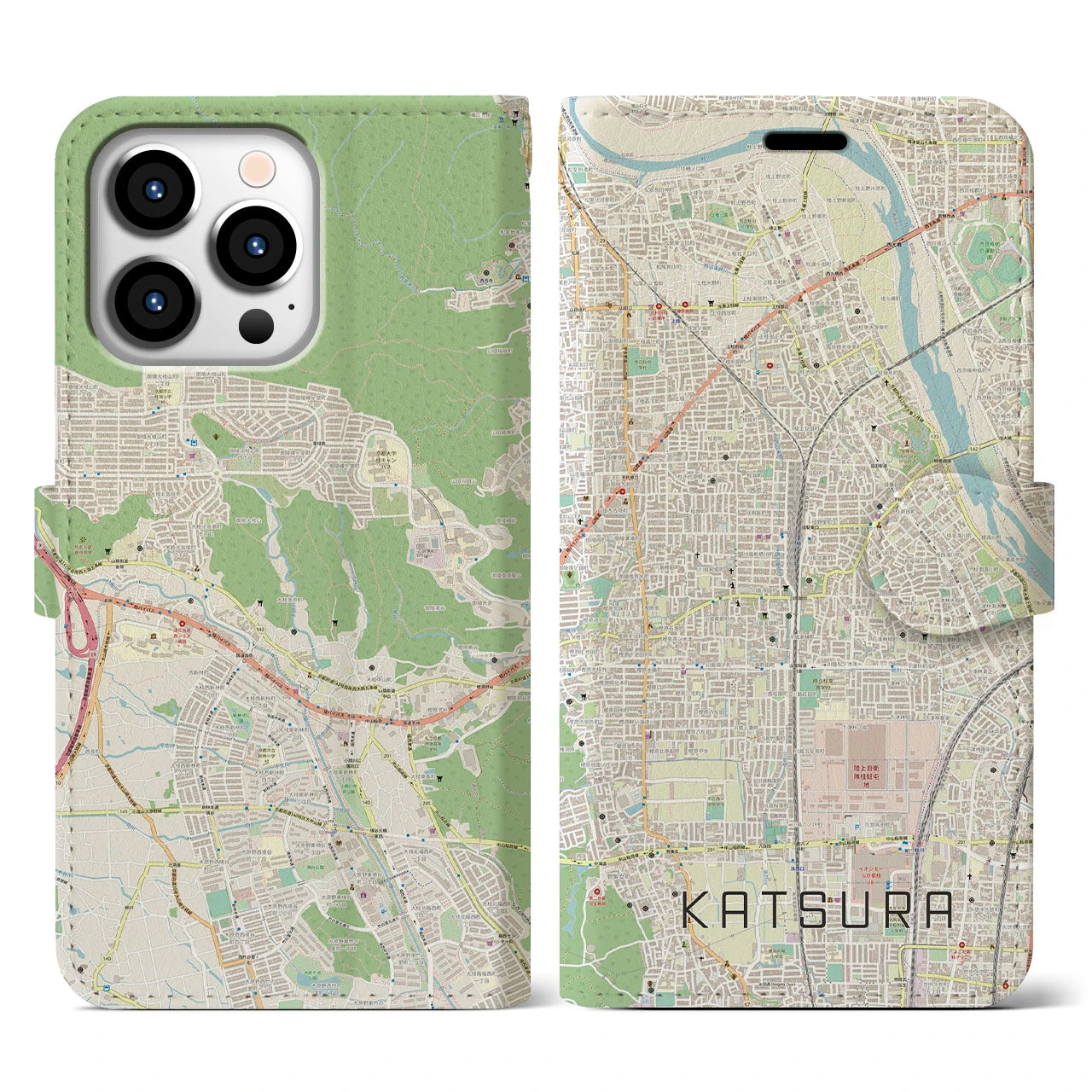 【桂】地図柄iPhoneケース（手帳両面タイプ・ナチュラル）iPhone 13 Pro 用