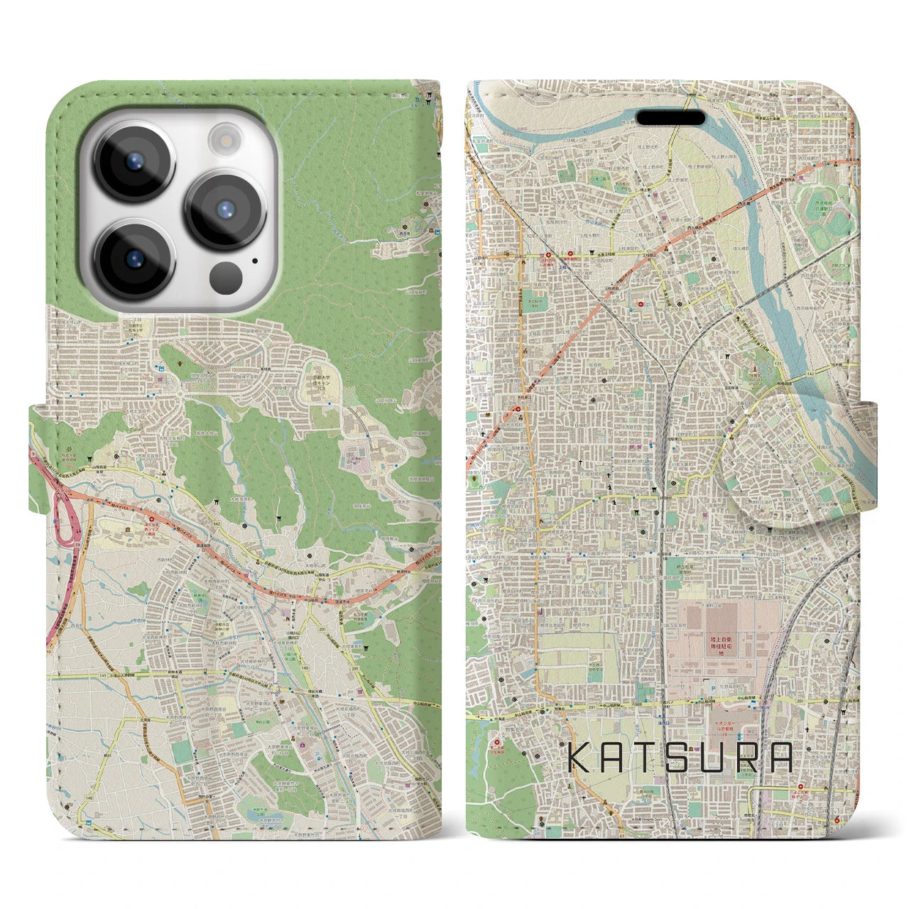 【桂】地図柄iPhoneケース（手帳両面タイプ・ナチュラル）iPhone 14 Pro 用