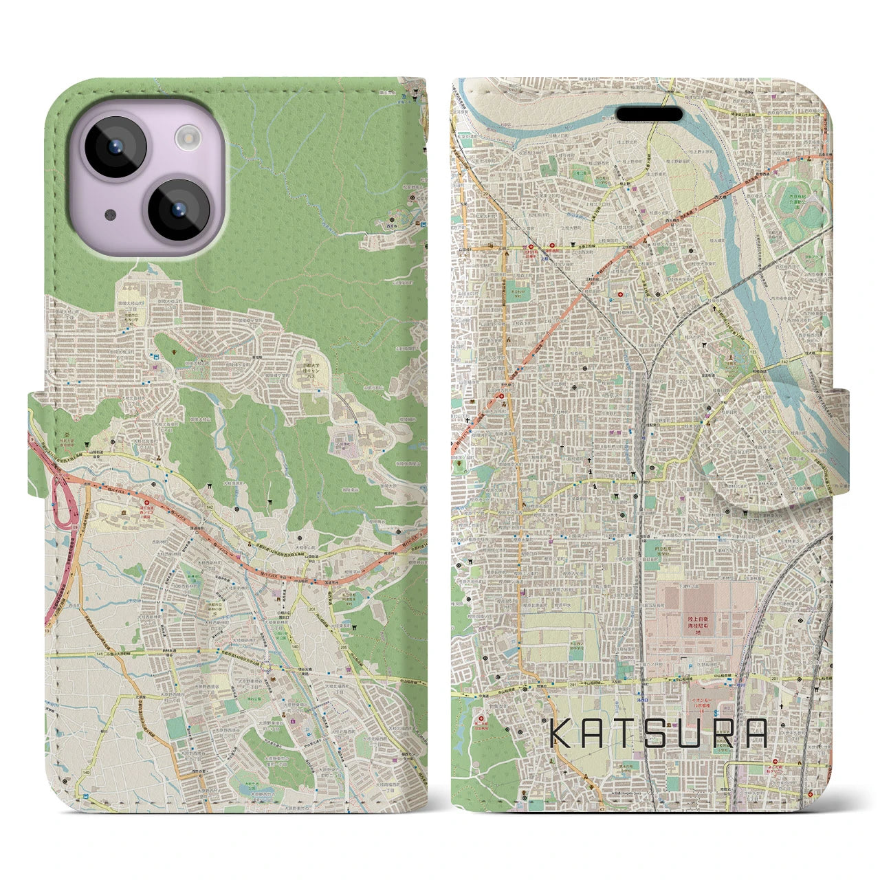 【桂】地図柄iPhoneケース（手帳両面タイプ・ナチュラル）iPhone 14 用