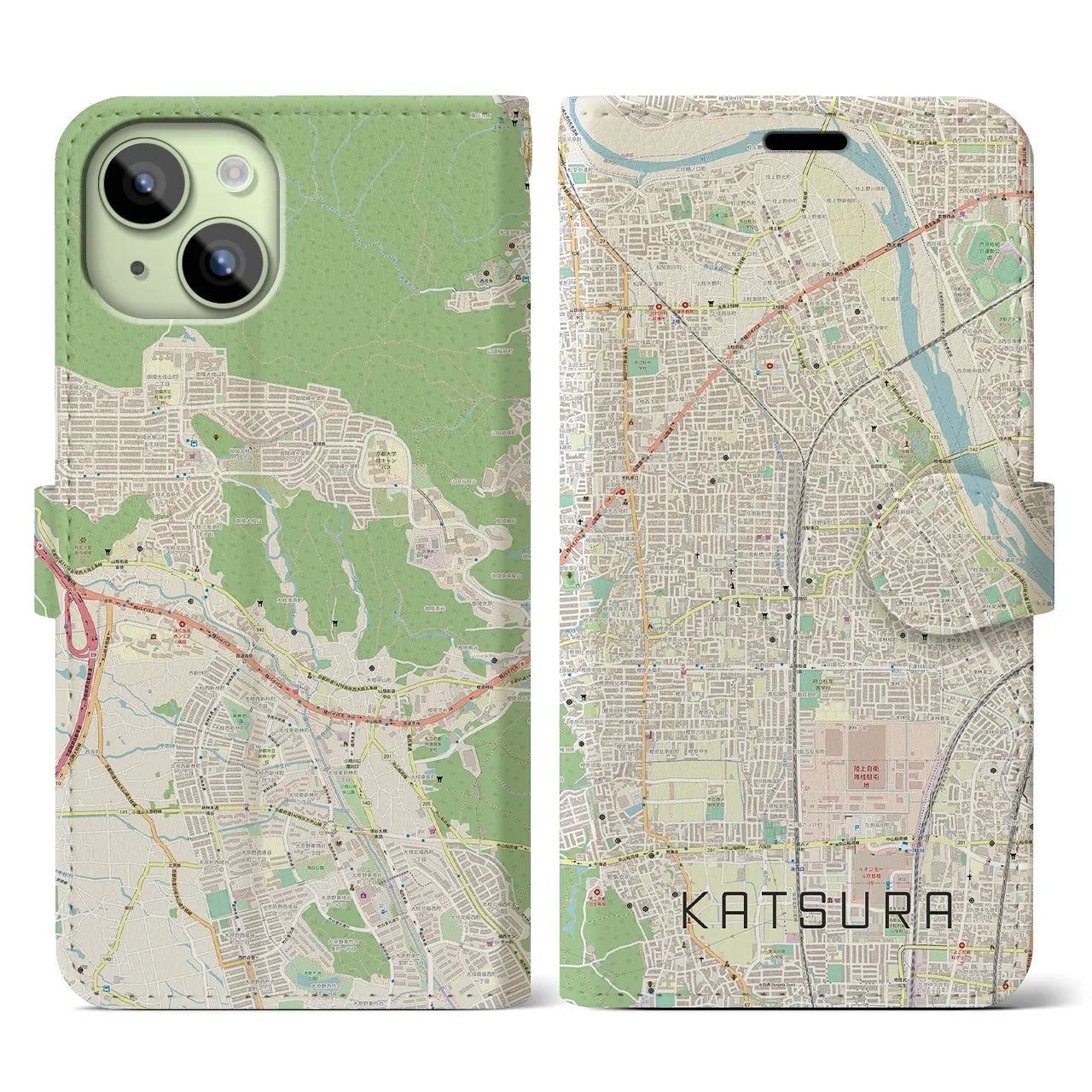 【桂】地図柄iPhoneケース（手帳両面タイプ・ナチュラル）iPhone 15 用
