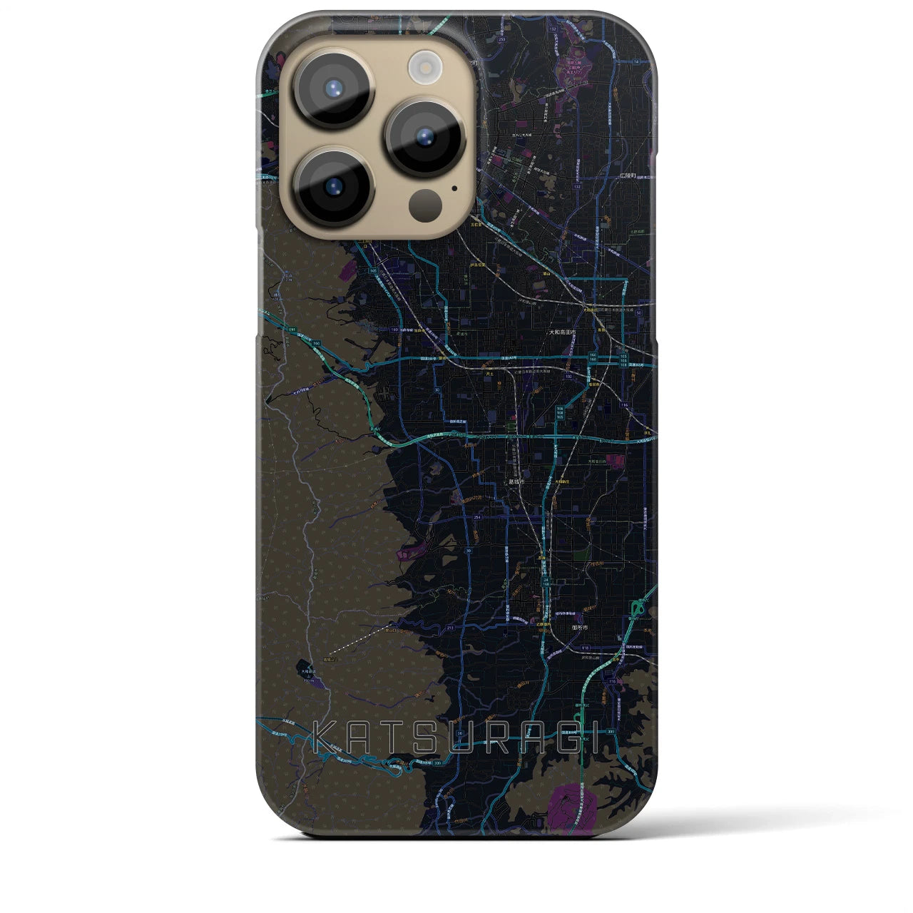 【葛城】地図柄iPhoneケース（バックカバータイプ・ブラック）iPhone 14 Pro Max 用