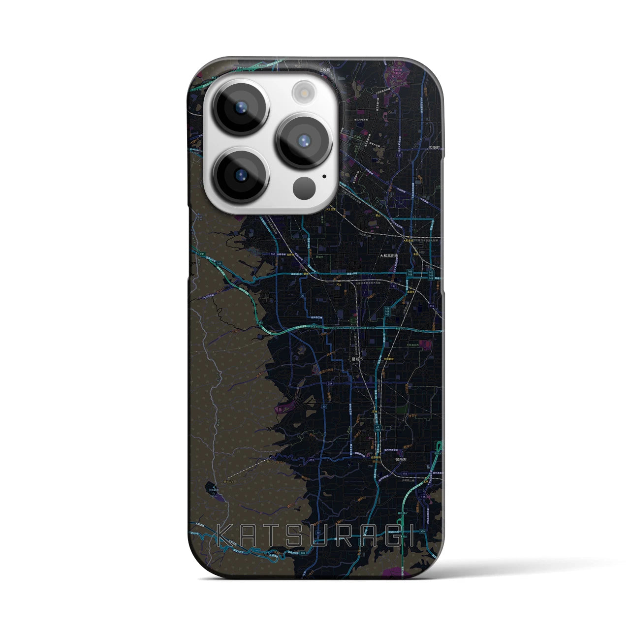 【葛城】地図柄iPhoneケース（バックカバータイプ・ブラック）iPhone 14 Pro 用