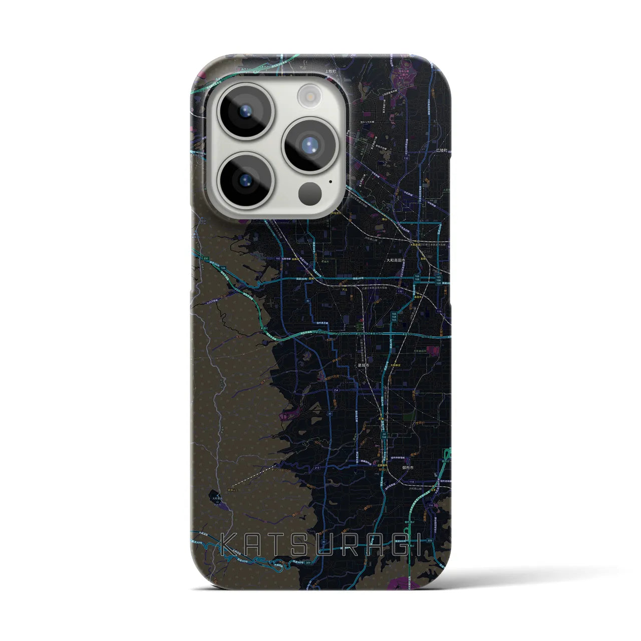 【葛城】地図柄iPhoneケース（バックカバータイプ・ブラック）iPhone 15 Pro 用