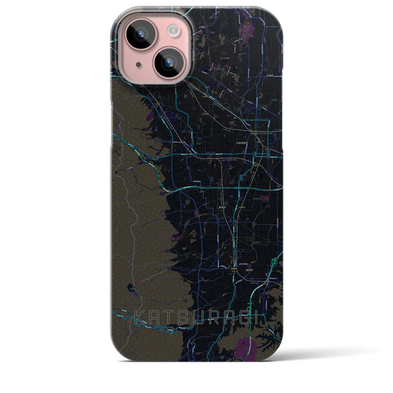 【葛城】地図柄iPhoneケース（バックカバータイプ・ブラック）iPhone 15 Plus 用