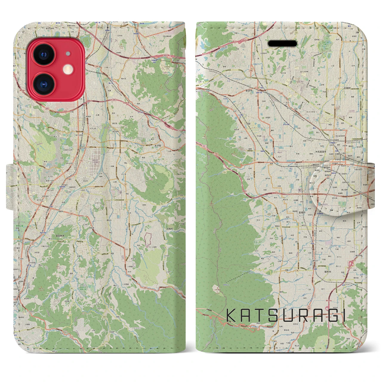 【葛城】地図柄iPhoneケース（手帳両面タイプ・ナチュラル）iPhone 11 用