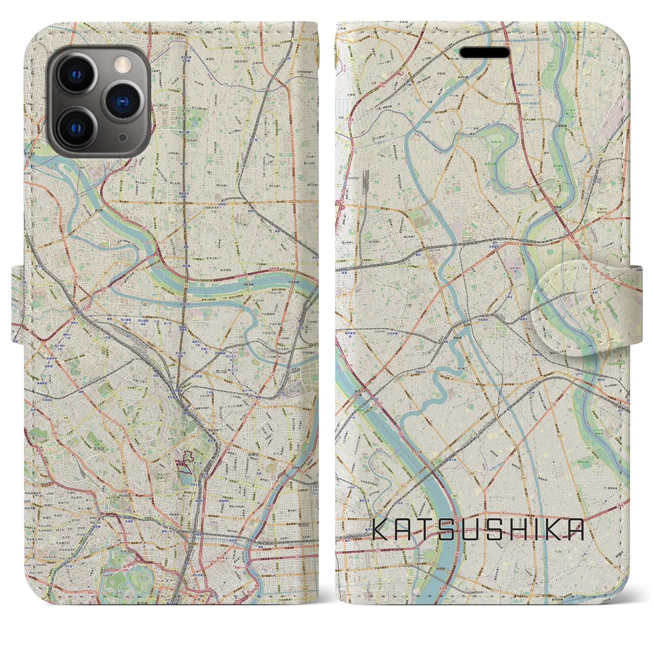 【葛飾】地図柄iPhoneケース（手帳両面タイプ・ナチュラル）iPhone 11 Pro Max 用