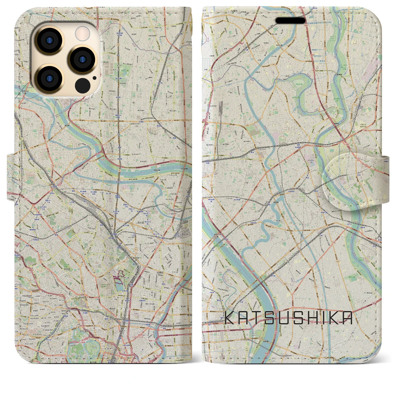 【葛飾】地図柄iPhoneケース（手帳両面タイプ・ナチュラル）iPhone 12 Pro Max 用