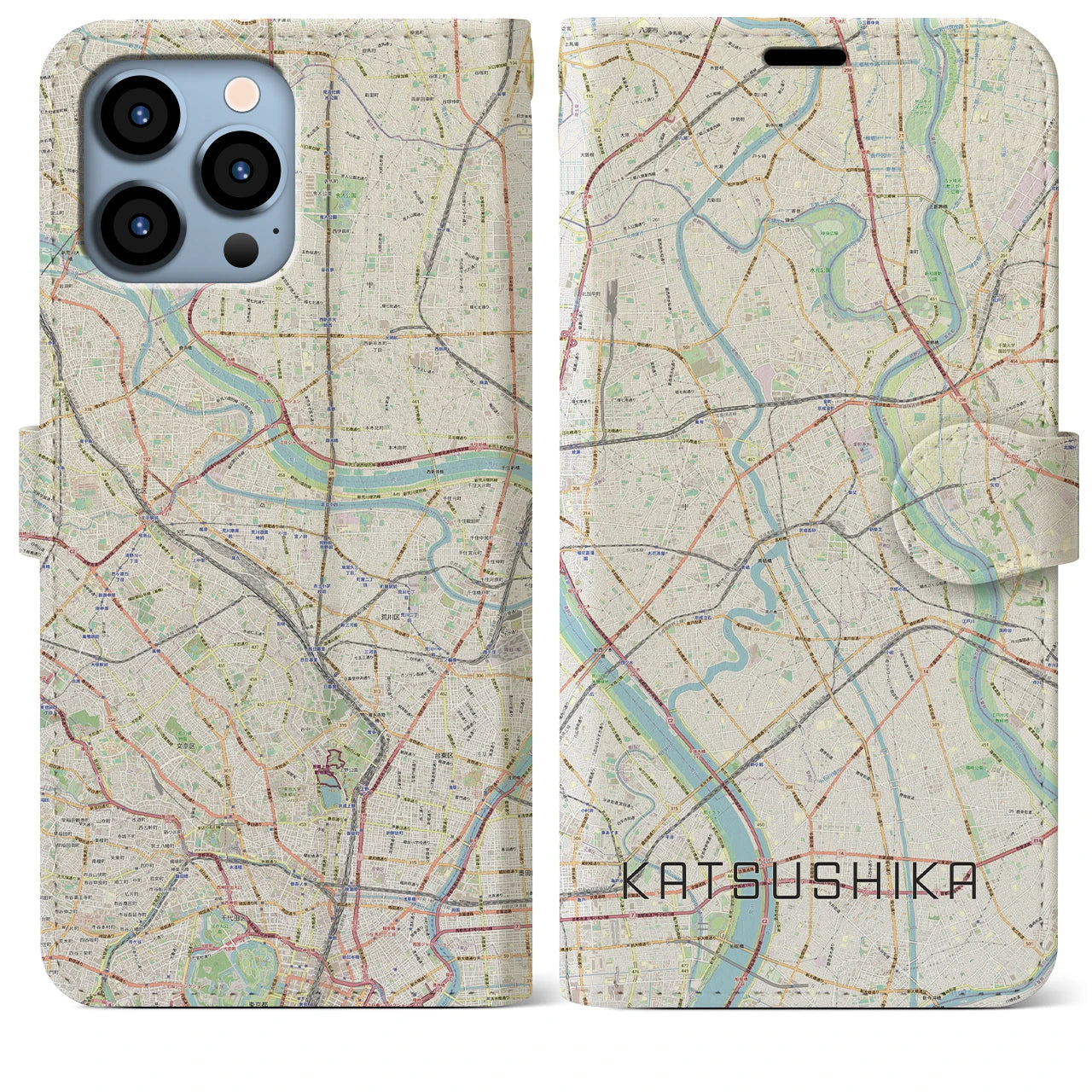 【葛飾】地図柄iPhoneケース（手帳両面タイプ・ナチュラル）iPhone 13 Pro Max 用