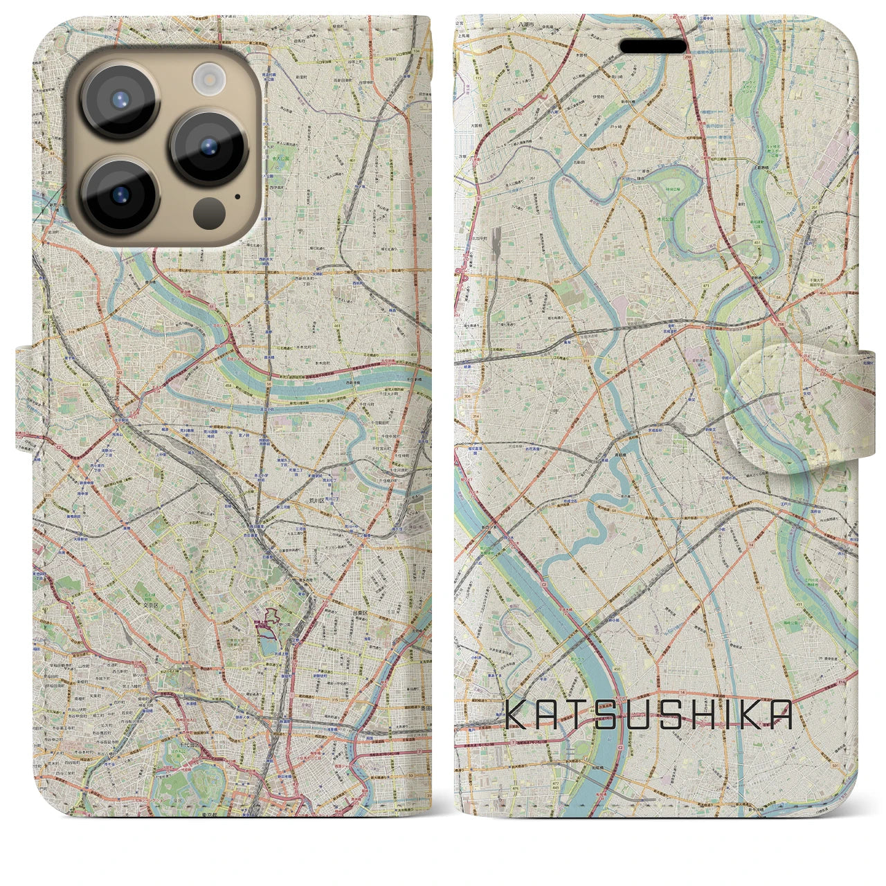 【葛飾】地図柄iPhoneケース（手帳両面タイプ・ナチュラル）iPhone 14 Pro Max 用