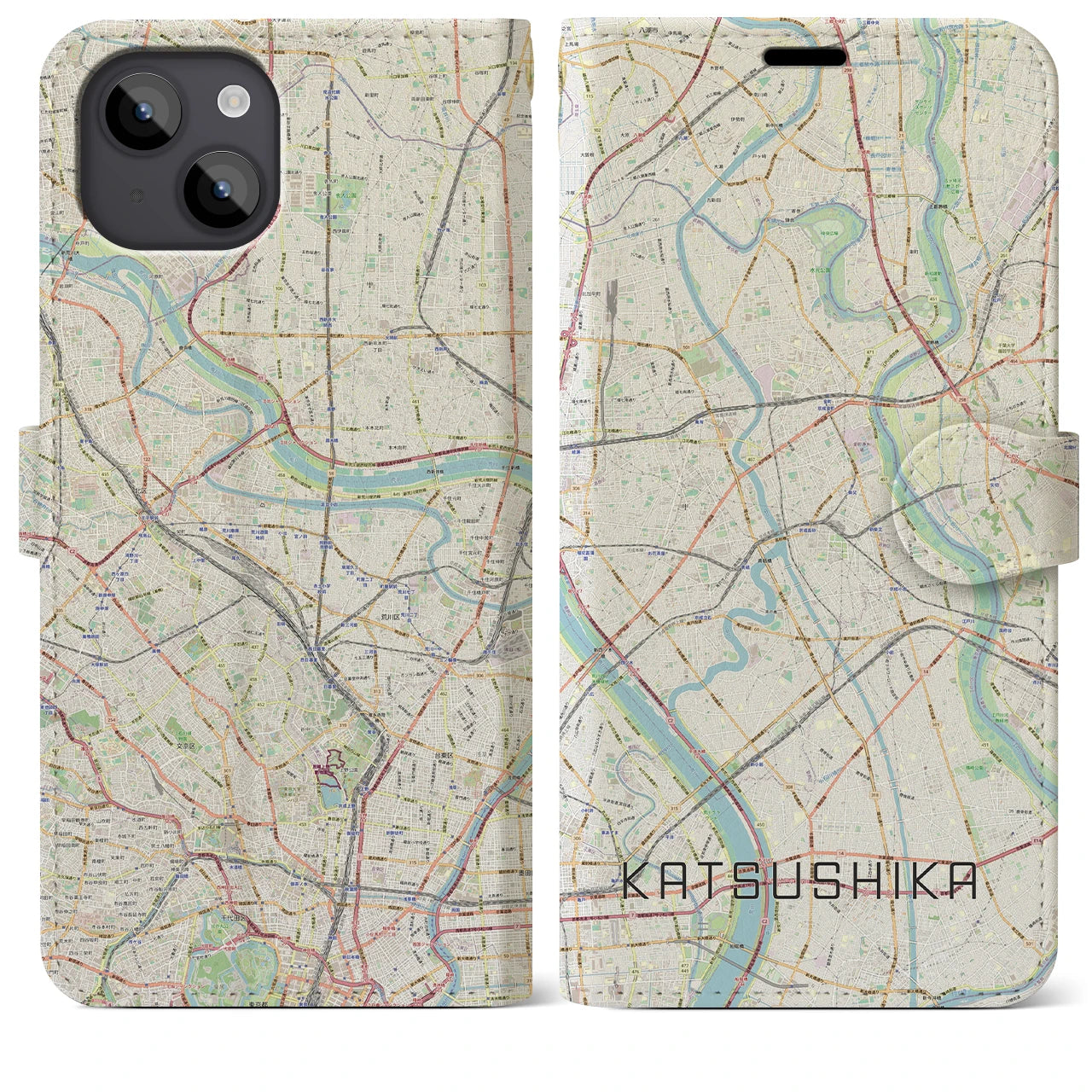 【葛飾】地図柄iPhoneケース（手帳両面タイプ・ナチュラル）iPhone 14 Plus 用