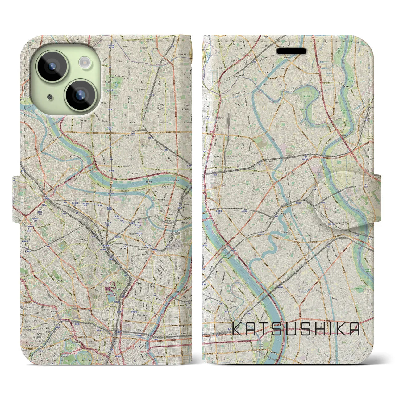 【葛飾】地図柄iPhoneケース（手帳両面タイプ・ナチュラル）iPhone 15 用