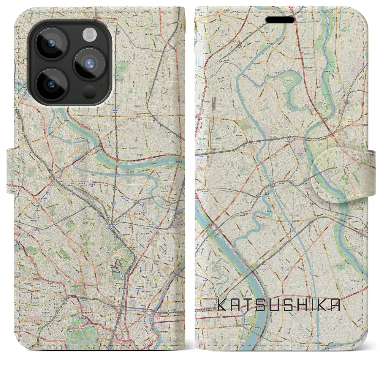 【葛飾】地図柄iPhoneケース（手帳両面タイプ・ナチュラル）iPhone 15 Pro Max 用