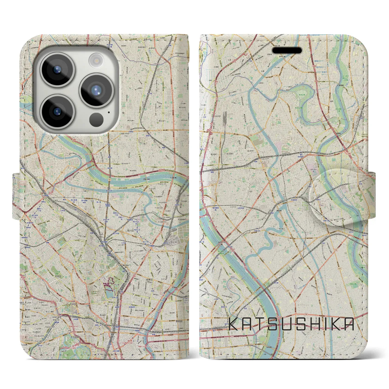 【葛飾】地図柄iPhoneケース（手帳両面タイプ・ナチュラル）iPhone 15 Pro 用
