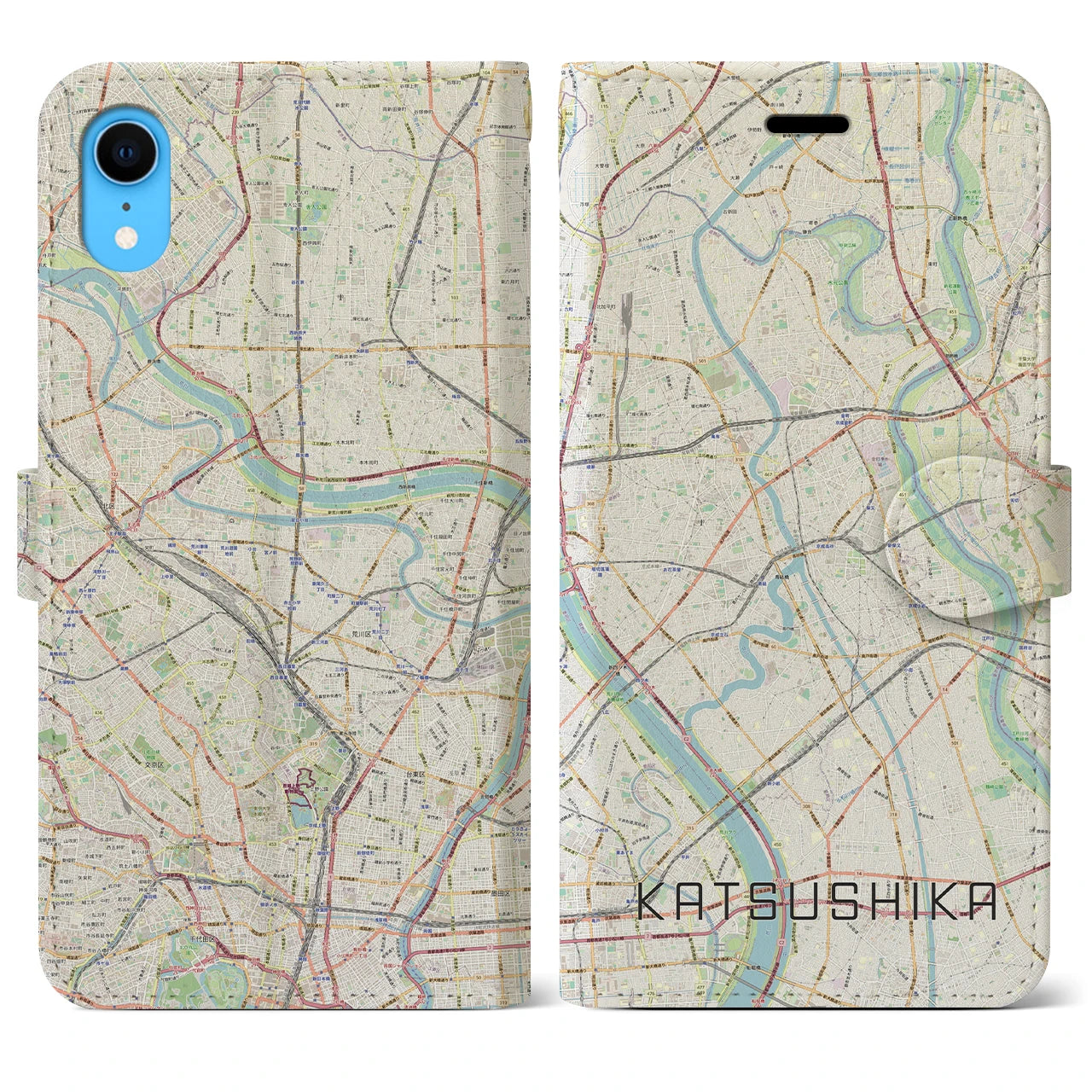 【葛飾】地図柄iPhoneケース（手帳両面タイプ・ナチュラル）iPhone XR 用
