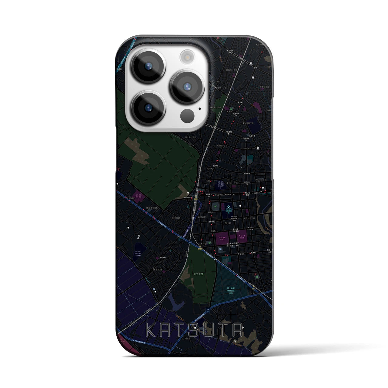 【勝田】地図柄iPhoneケース（バックカバータイプ・ブラック）iPhone 14 Pro 用