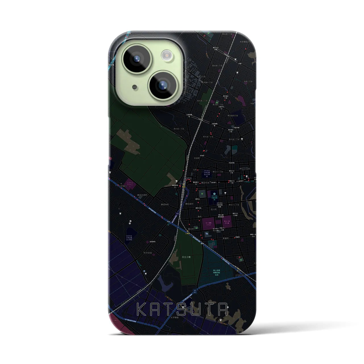 【勝田】地図柄iPhoneケース（バックカバータイプ・ブラック）iPhone 15 用