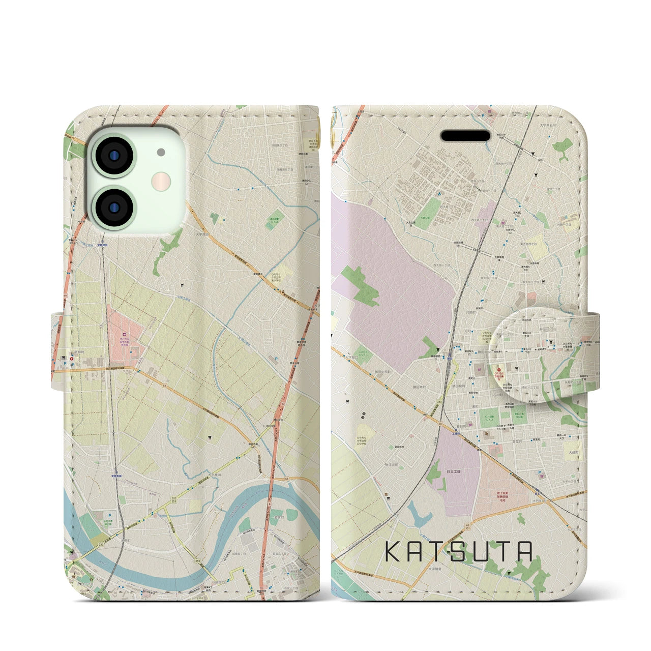 【勝田】地図柄iPhoneケース（手帳両面タイプ・ナチュラル）iPhone 12 mini 用