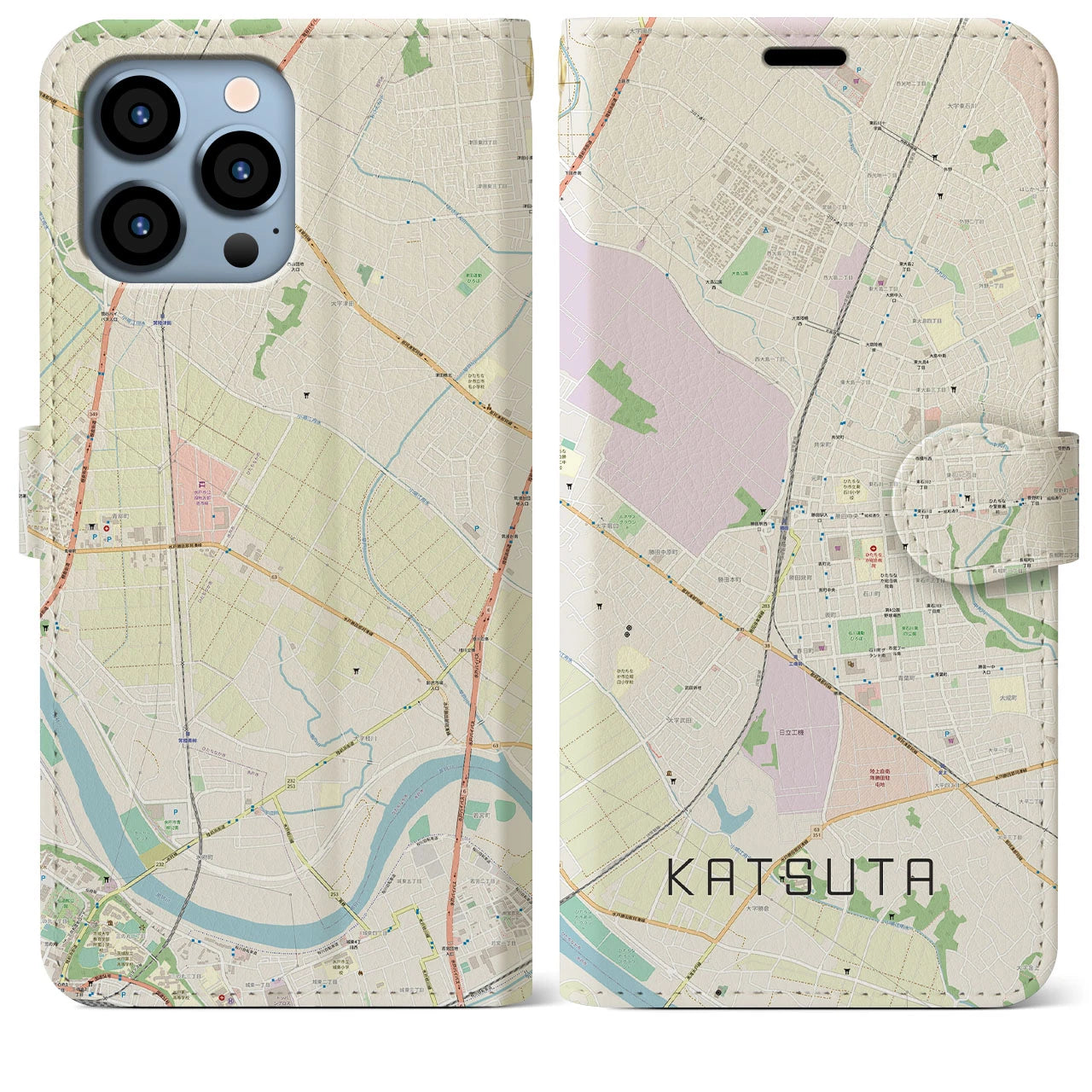 【勝田】地図柄iPhoneケース（手帳両面タイプ・ナチュラル）iPhone 13 Pro Max 用