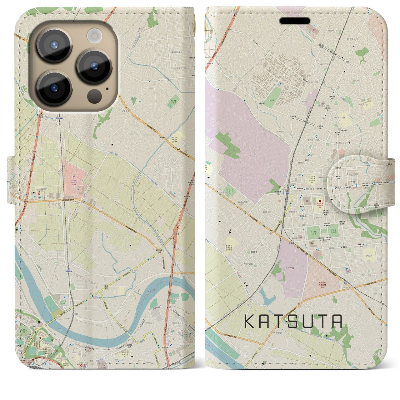 【勝田】地図柄iPhoneケース（手帳両面タイプ・ナチュラル）iPhone 14 Pro Max 用