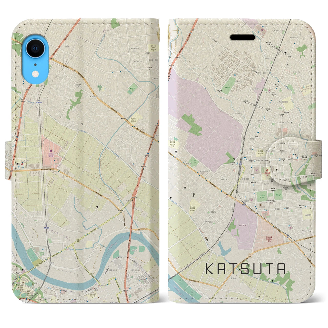 【勝田】地図柄iPhoneケース（手帳両面タイプ・ナチュラル）iPhone XR 用