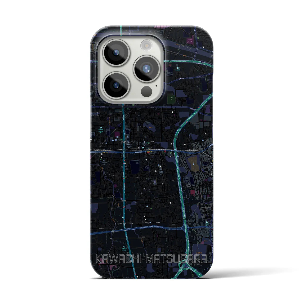 【河内松原】地図柄iPhoneケース（バックカバータイプ・ブラック）iPhone 15 Pro 用