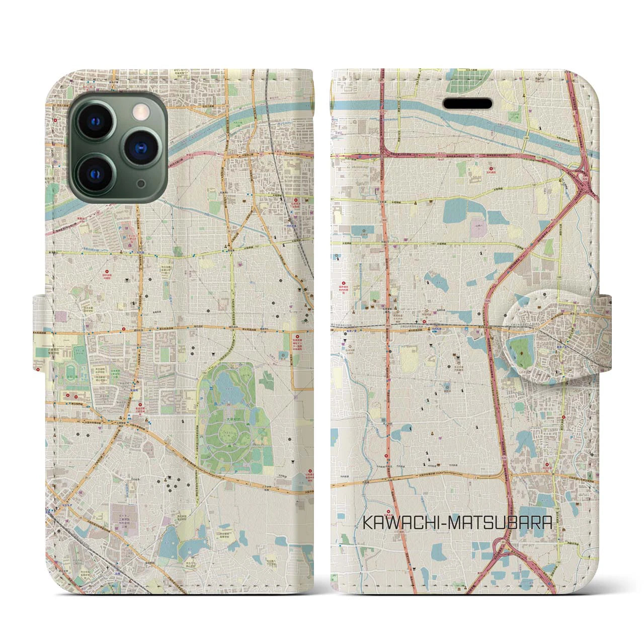 【河内松原】地図柄iPhoneケース（手帳両面タイプ・ナチュラル）iPhone 11 Pro 用