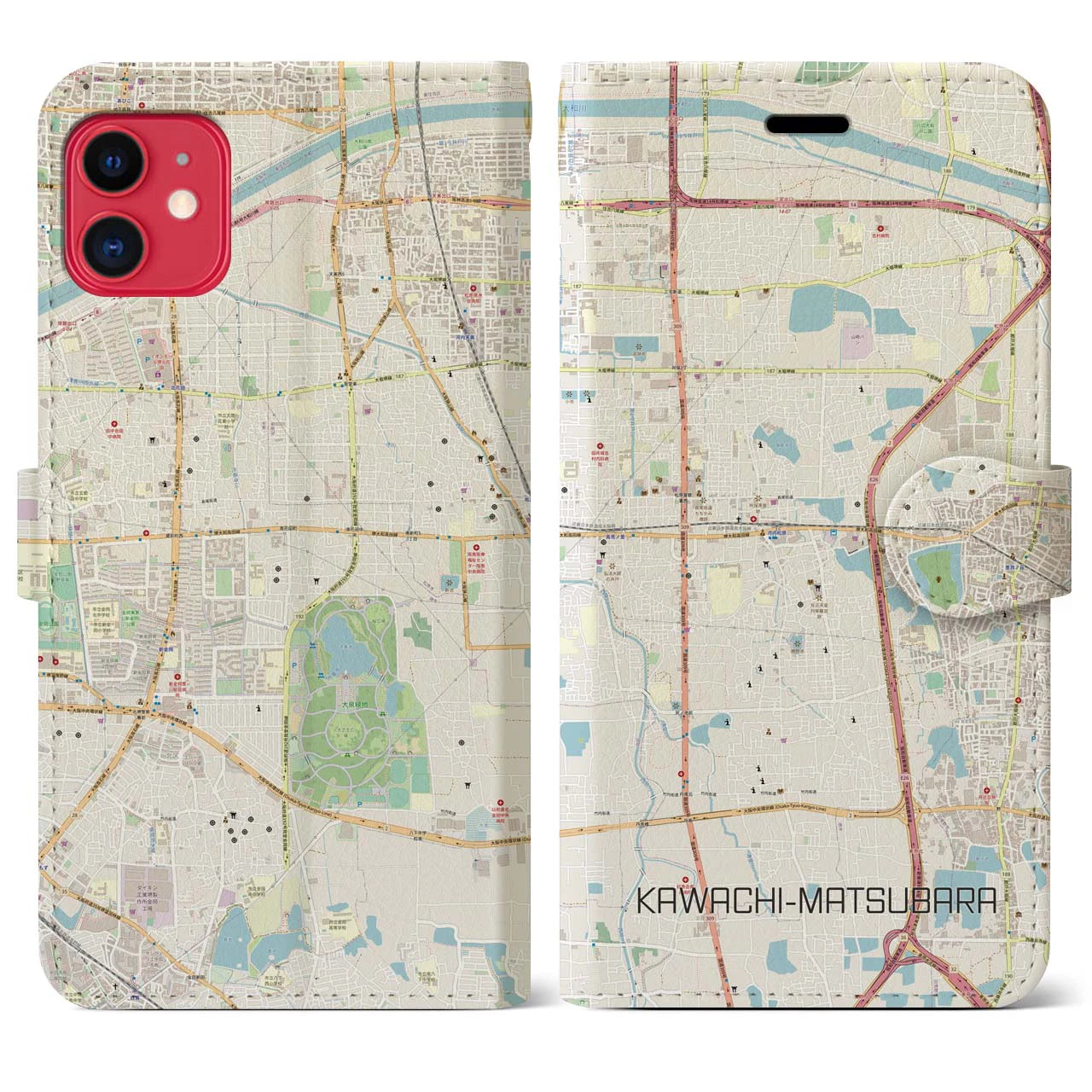 【河内松原】地図柄iPhoneケース（手帳両面タイプ・ナチュラル）iPhone 11 用