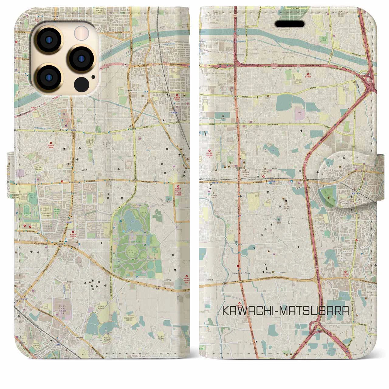 【河内松原】地図柄iPhoneケース（手帳両面タイプ・ナチュラル）iPhone 12 Pro Max 用