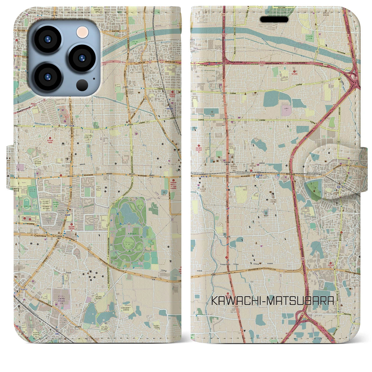 【河内松原】地図柄iPhoneケース（手帳両面タイプ・ナチュラル）iPhone 13 Pro Max 用