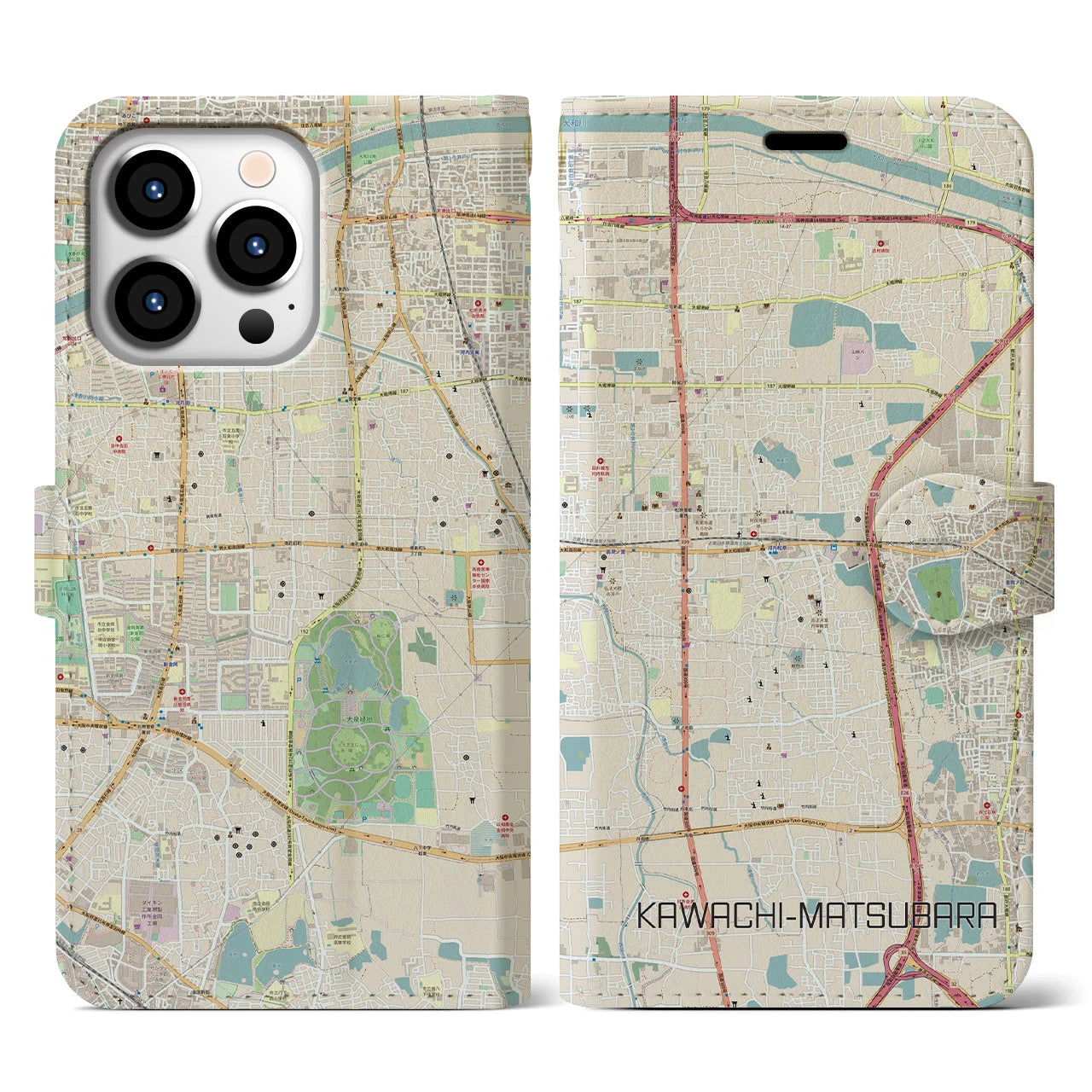 【河内松原】地図柄iPhoneケース（手帳両面タイプ・ナチュラル）iPhone 13 Pro 用