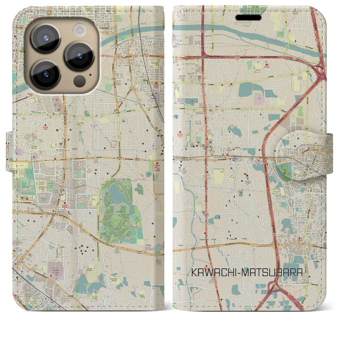 【河内松原】地図柄iPhoneケース（手帳両面タイプ・ナチュラル）iPhone 14 Pro Max 用